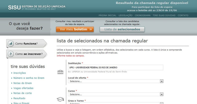 MEC DIVULGA RESULTADO DA SISU DO 2º SEMESTRE DE 2017