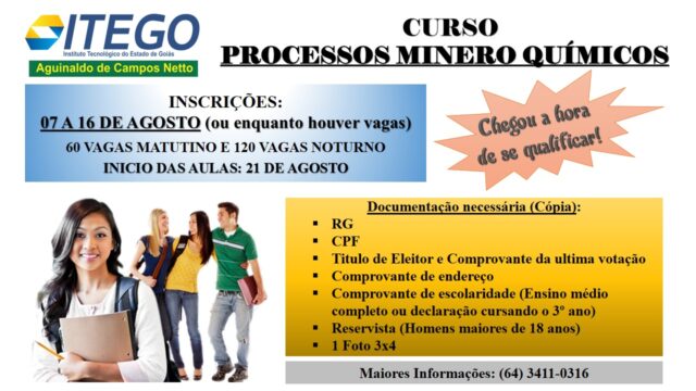 ITEGO ESTÁ COM INSCRIÇÕES ABERTAS PARA CURSO DE PROCESSOS MINERO QUÍMICOS