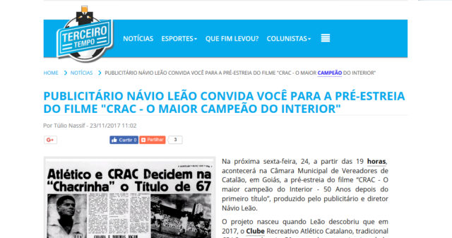 O Filme “CRAC - O maior campeão do Interior - 50 Anos depois do primeiro título” é destaque em nível nacional
