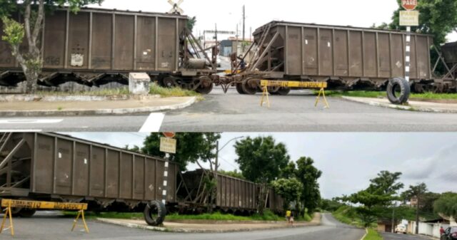 Trem de ferro impede passagem após trilho quebrar