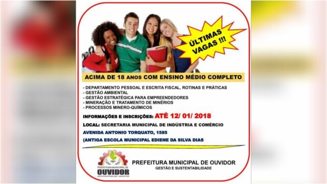Prefeitura municipal de Ouvidor comunica prazo de inscrição para cursos