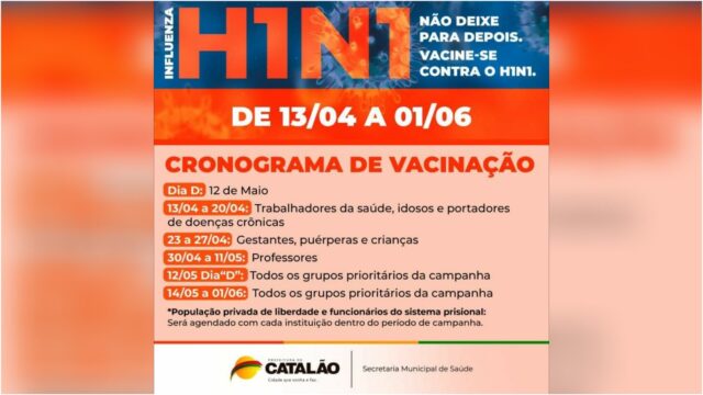 Secretaria de Saúde divulga cronograma da campanha de vacinação contra H1N1 em Catalão