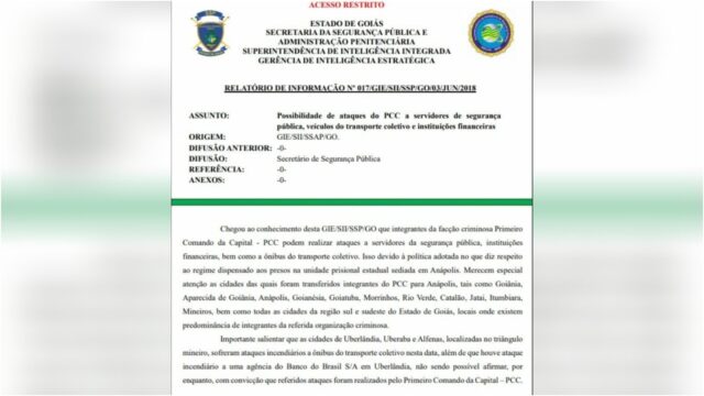 Relatório da SSP alerta para possível ataque do PCC em Goiás