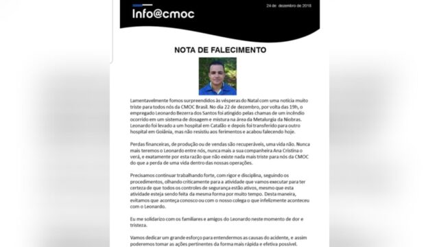 Comunicado Cmoc, nota de falecimento