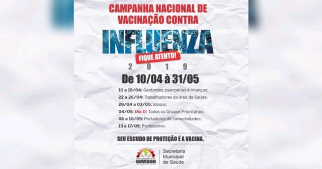 Secretaria de Saúde de Ouvidor divulga conograma de vacinação contra Influenza
