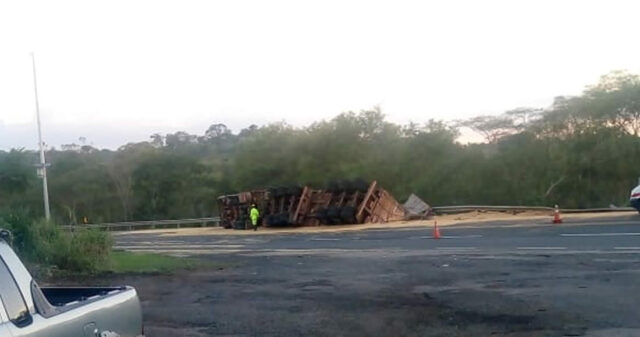 Carreta tomba e carga de soja se espalha na BR 050 próximo da divisa de Goiás com Minas