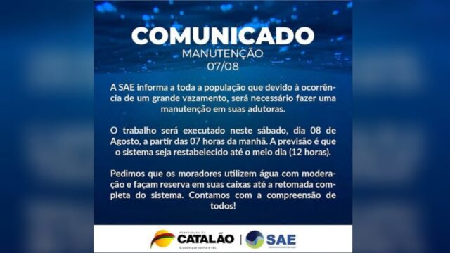 Manutenção em adutora deixará Catalão sem abastecimento de água na manhã deste sábado