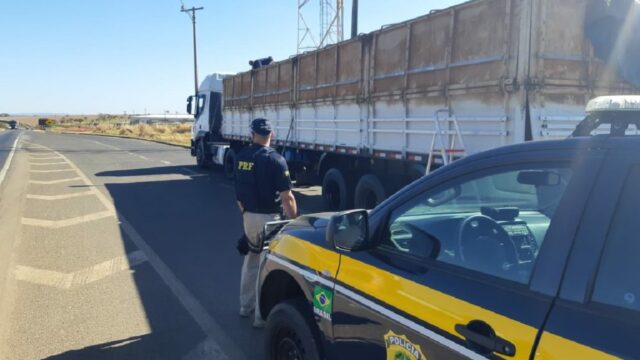 Polícia Rodoviária Federal aprende carga de madeira na BR 050 em Catalão.
