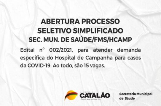 Prefeitura de Catalão abre novo Processo Seletivo: inscrições abertas para contratação de profissionais da saúde