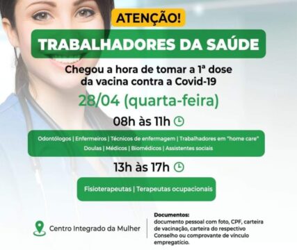Trabalhadores da Saúde recebem a 1ª dose da vacina contra a Covid-19 nesta quarta-feira