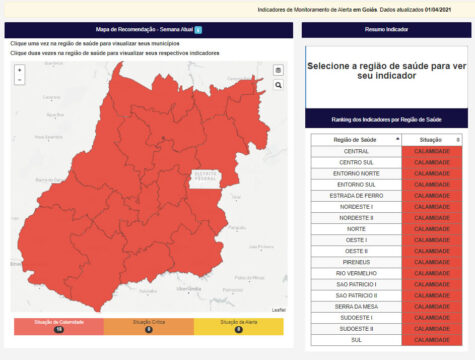Mapa de calor com o risco da Covid-19 aponta todas as regiões de Goiás em situação de calamidade