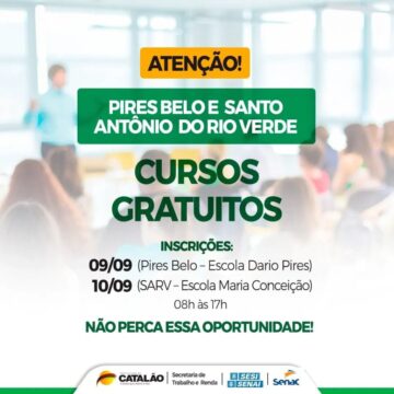 Atenção moradores de Pires Belo e Santo Antônio do Rio Verde: equipes da Secretaria de Trabalho e Renda estarão nos distritos nestas quinta e sexta-feira fazendo inscrições para cursos gratuitos de capacitação profissional