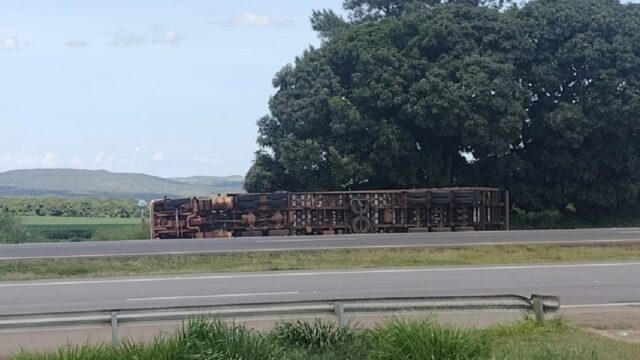 Carreta carregada com cavaco tomba na BR-050, em Catalão