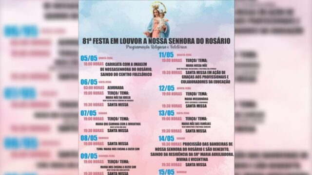 Confira a programação da Festa em Louvor a Nossa Senhora do Rosário de Ouvidor