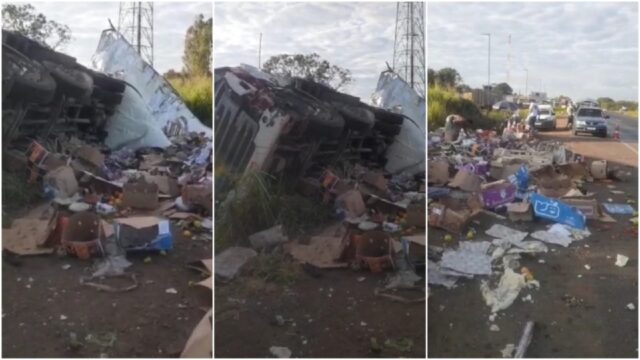 Motorista fica ferido após caminhão com carga de hortaliças tombar na BR-050, em Araguari