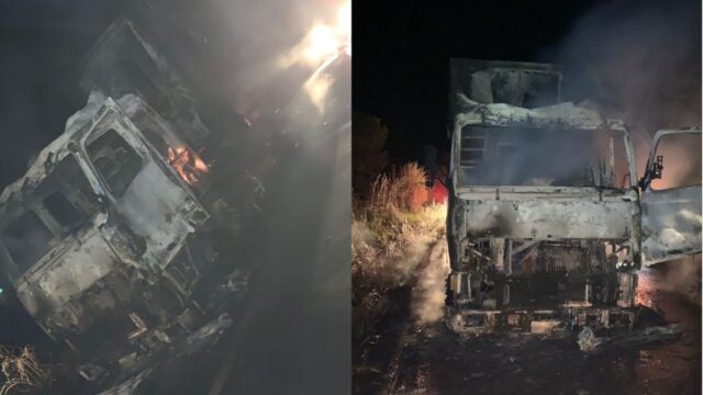 Bombeiros combatem incêndio em carreta na MG-413 entre Araguari e Corumbaíba