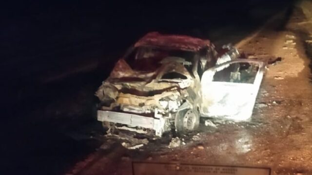 Veículo pega fogo após colidir com animal na pista em Coromandel