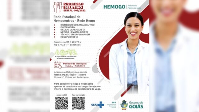 Com salário de até R$ 9,7 mil, Idtech abre processo seletivo para contratação de profissionais para atuarem na Rede Hemo