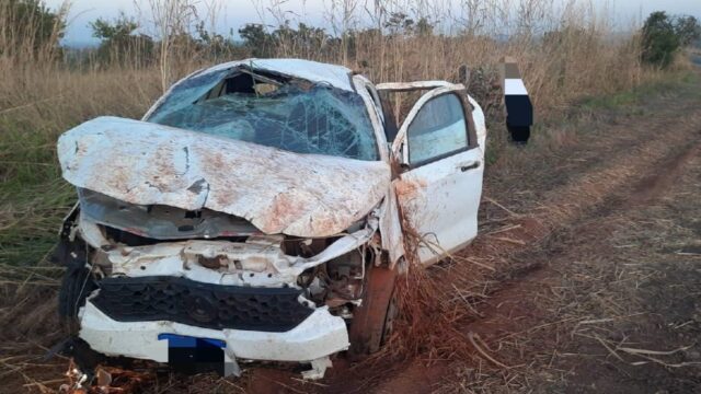 Carro capota após motorista desviar de cachorro na GO-330, em Três Ranchos
