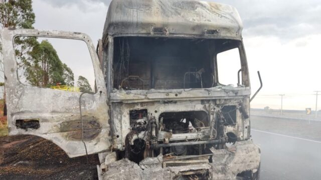 Em Ipameri, carreta bitrem carregada com soja pega fogo na BR-050 e fica destruída