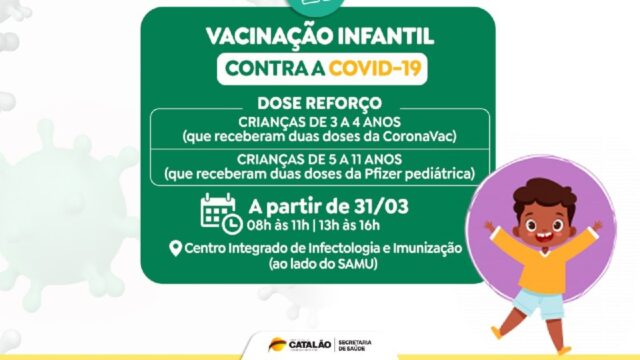 Saúde de Catalão convoca crianças de 3 a 11 anos para receberem a dose reforço da vacina pediátrica