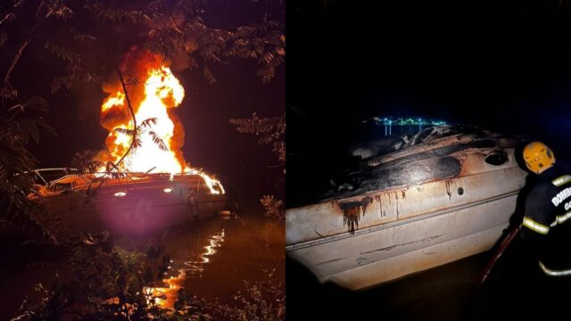 Corpo de Bombeiros é acionado após lancha pegar fogo no Lago de Corumbá, em Caldas Novas; VÍDEO