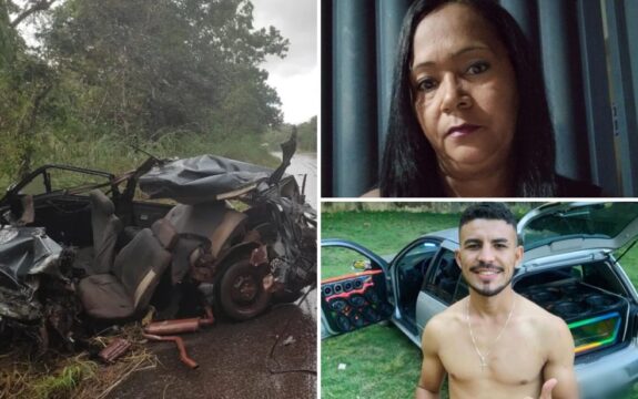 Duas pessoas morrem após carro bater de frente contra caminhão e ficar destruído na GO-080
