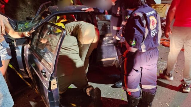 Motorista fica presa às ferragens após acidente com árvore em Catalão; duas pessoas ficam feridas