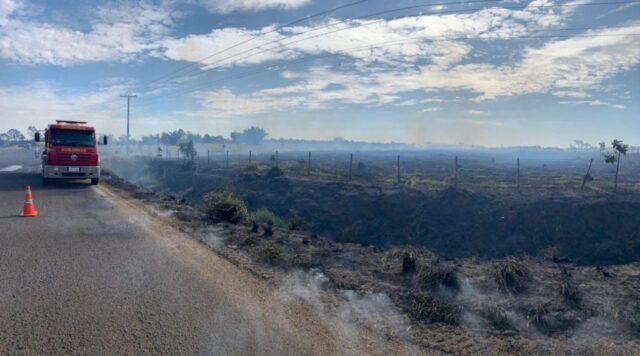 Bombeiros combatem grande incêndio entre Araguari e Uberlândia