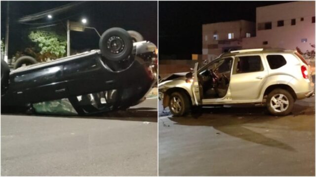 Acidente em cruzamento de avenidas deixa uma pessoa ferida e carro capotado em Catalão