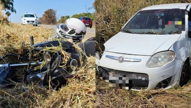Mulher fica gravemente ferida após colisão entre moto e veículo de passeio na GO-210 em Catalão