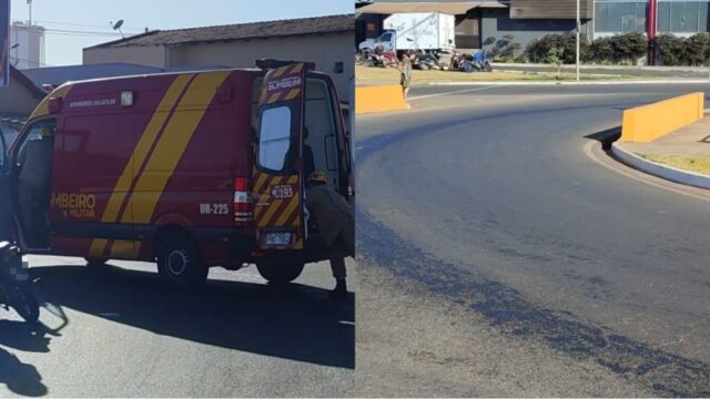Motociclista fica ferida após derrapar em óleo derramado em rotatória de avenida, em Catalão