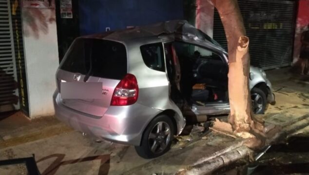 Motorista perde controle da direção, invade calçada e bate carro em árvore no Centro de Uberlândia