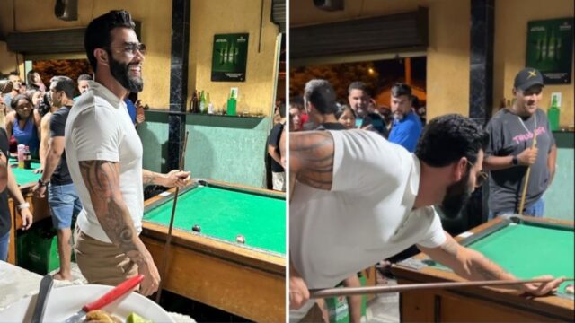 Gusttavo Lima surpreende clientes de bar ao parar para jogar sinuca; vídeo