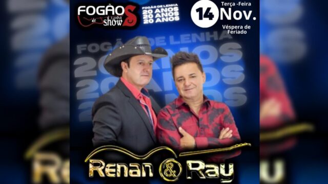 Renan e Ray se apresentam no Fogão de Lenha Show nesta terça-feira, 14 de novembro, em Catalão