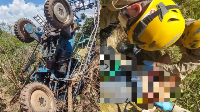 Homem é resgatado pelo Corpo de Bombeiros após máquina agrícola cair em ribanceira na zona rural, em Goiandira