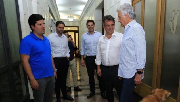 Ronaldo Caiado, Jamil Calife e Alexandre Baldy recebem senador Ciro Nogueira e ministro André Fufuca no Palácio das Esmeraldas