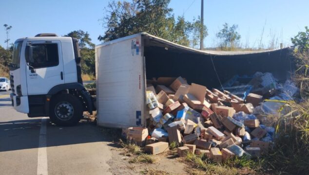 Caminhão carregado com itens de limpeza tomba na GO-330 entre Catalão e Ipameri