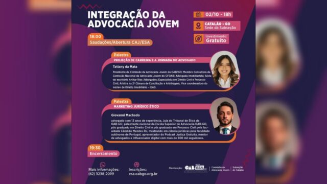 OAB Catalão realiza hoje integração da advocacia jovem com referências nacionais