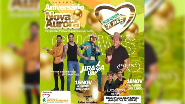 Nova Aurora em festa: Jiraya Uai, Edy Britto e Samuel, e mais shows marcam os 71 anos da cidade