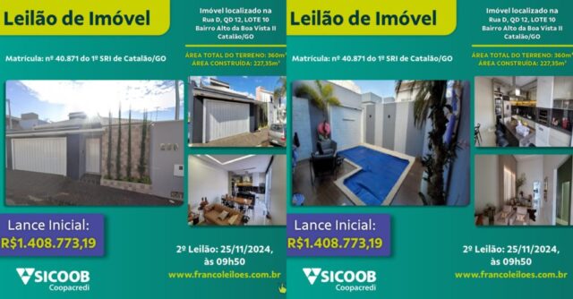 Sicoob Coopacredi realiza leilão online de imóvel em Catalão