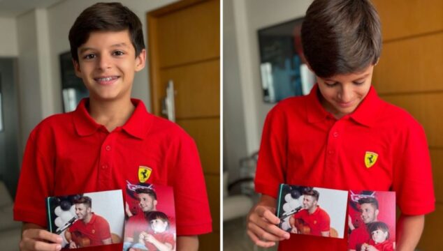 Filho de Cristiano Araújo abre caixa com itens deixados pelo pai pela primeira vez e veste camiseta usada pelo cantor em aniversário, 9 anos após sua morte