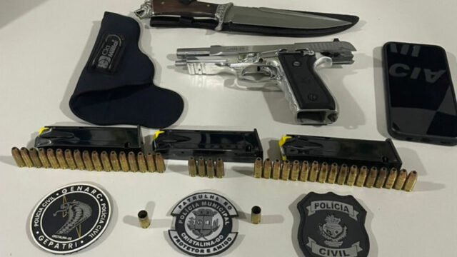 PCGO e Guarda Municipal prendem suspeito por portar arma e munições e fazer disparos, em Cristalina