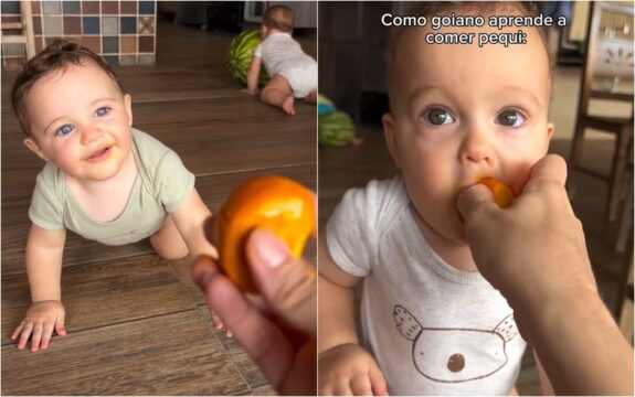 Em Pires do Rio: Mãe viraliza na web ao dar pequi, fruto com espinhos, para filhos bebês comerem; veja reação deles