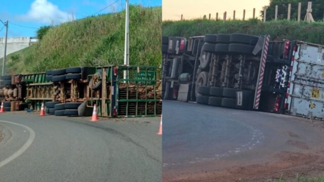 Duas carretas tombam em trechos da BR-050 em Catalão; um motorista ficou ferido