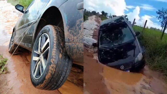 Veículo com quatro ocupantes cai em cratera durante chuva em estrada vicinal de Catalão