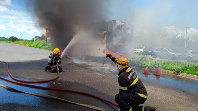 Incêndio em ônibus mobiliza bombeiros na GO-139 em Caldas Novas