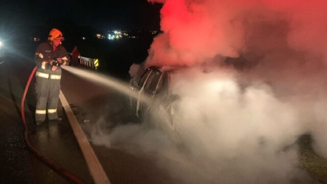 Carro pega fogo e fica destruído na BR-050, em Catalão; bombeiros controlam as chamas