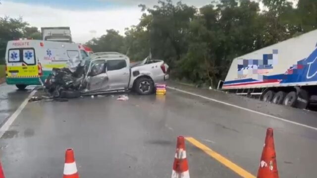 Dois adultos e uma criança morrem em batida frontal entre caminhonete e caminhão na BR-153, em Goiás