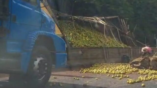 Carreta carregada com laranjas tomba na BR-050 em Araguari